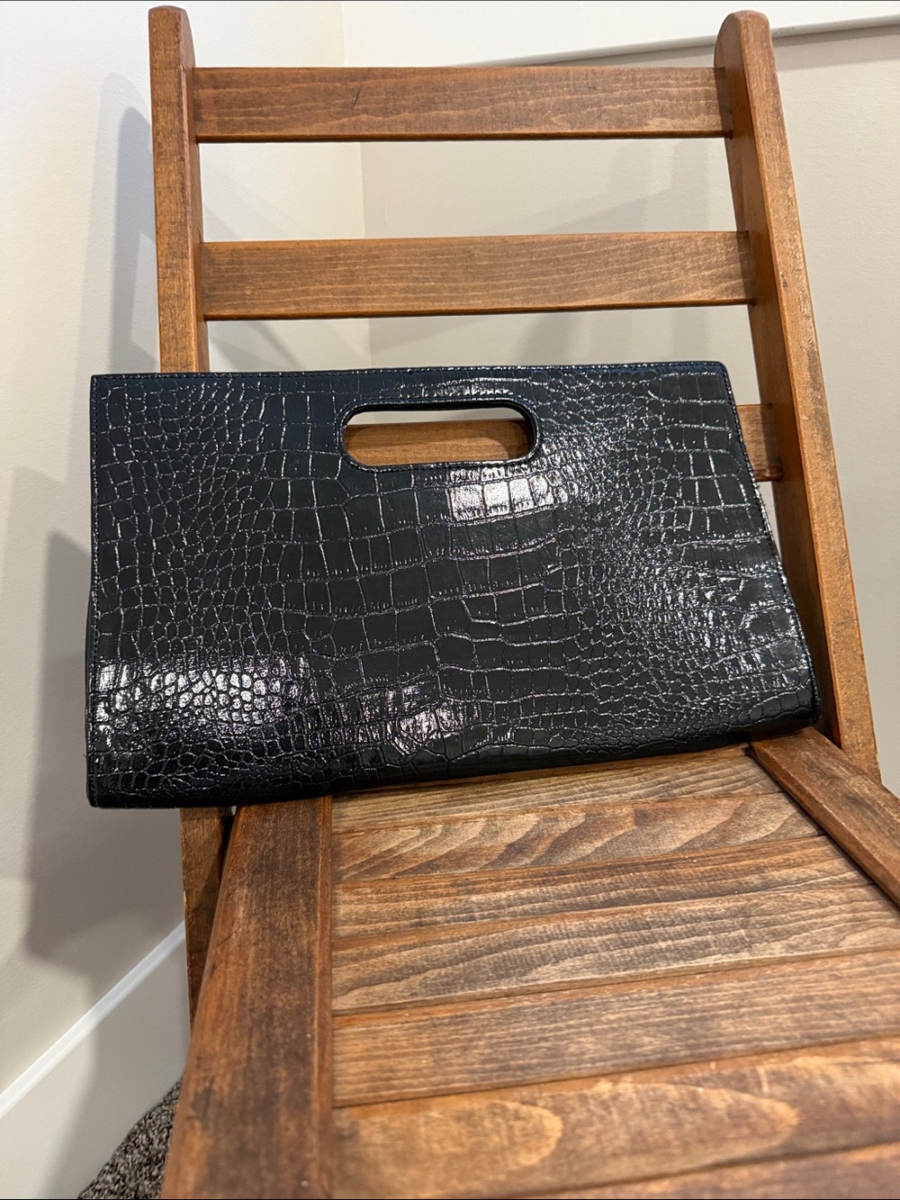 Ashley Stewart Black Croc Embossed Clutch Evening Bag Removable Chain Strap
